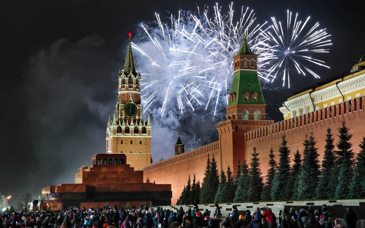 Fireworks explode over the Kremlin during New Year''s celebrations in Red Square with the Spasskaya Tower, left, in the background in Moscow, Russia, Wednesday, Jan. 1, 2020. Russians began the world''s