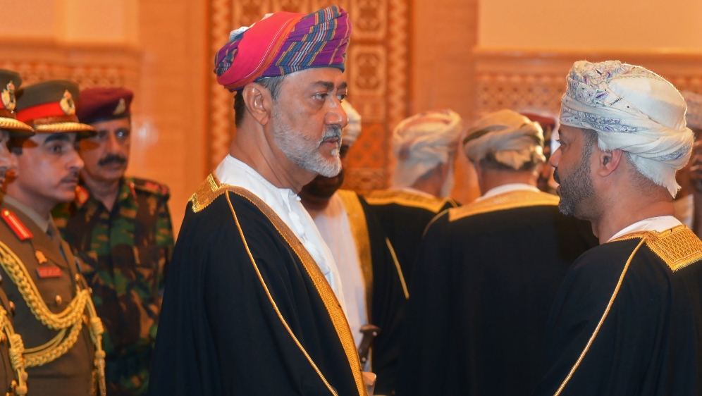 Oman's newly sworn-in Sultan Haitham bin Tariq al-Said receives condolences during the funeral of his cousin, the late Sultan Qaboos in Muscat