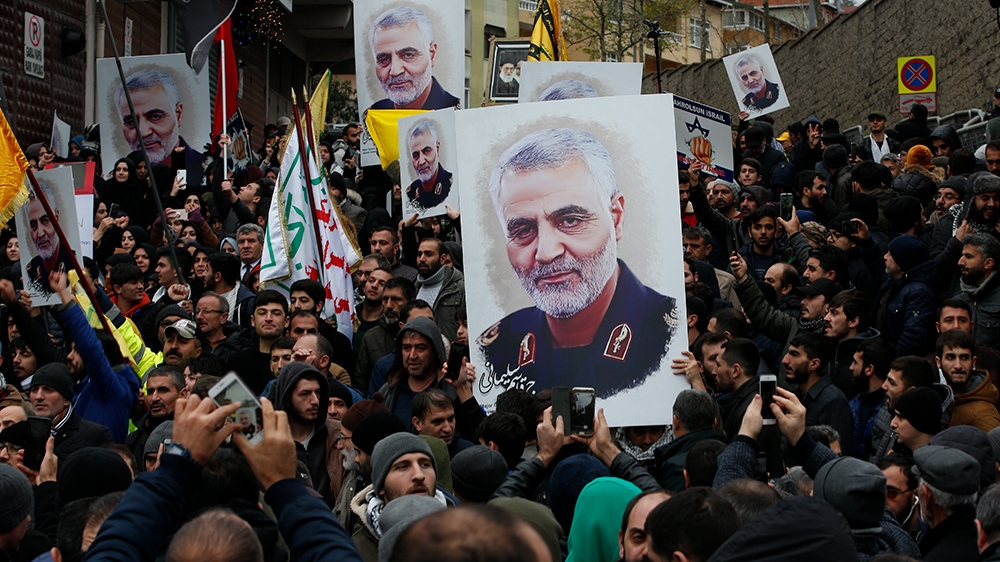 Protesters gather during a demonstration against the killing of Iranian Revolutionary Guard Gen. Qassem Soleimani, close to United States' consulate in Istanbul, Sunday, Jan. 5, 2020. Iran has vowed 