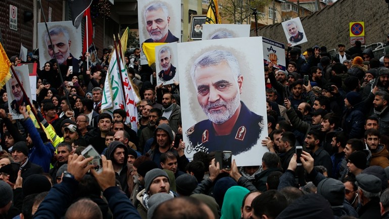 Protesters gather during a demonstration against the killing of Iranian Revolutionary Guard Gen. Qassem Soleimani, close to United States'' consulate in Istanbul, Sunday, Jan. 5, 2020. Iran has vowed "