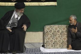 General Qassem Soleimani greets Supreme Leader Ayatollah Ali Khamenei during a religious ceremony in a mosque at his residence in Tehran, Iran on March 27, 2015 [File: AP]
