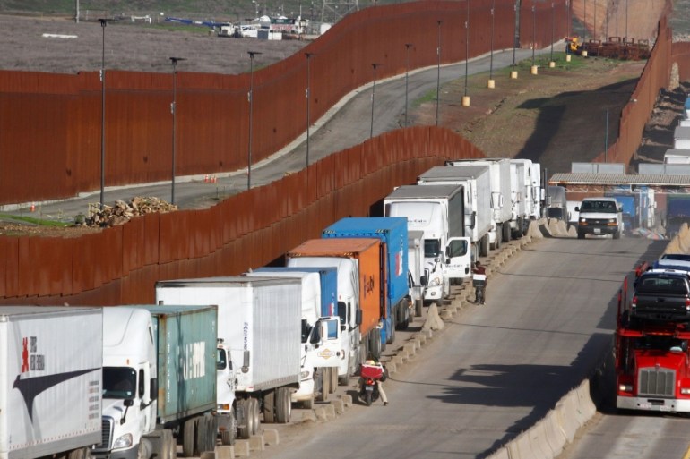 USMCA: Trucks wait in a queue for border customs