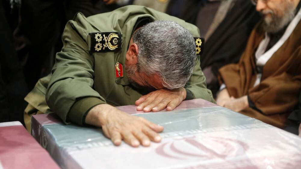 Brigadier General Esmail Ghaani, the newly appointed commander of the country's Quds Force, reacts during the funeral prayer of the coffins of Iranian Major-General Qassem Soleimani, head of the elite