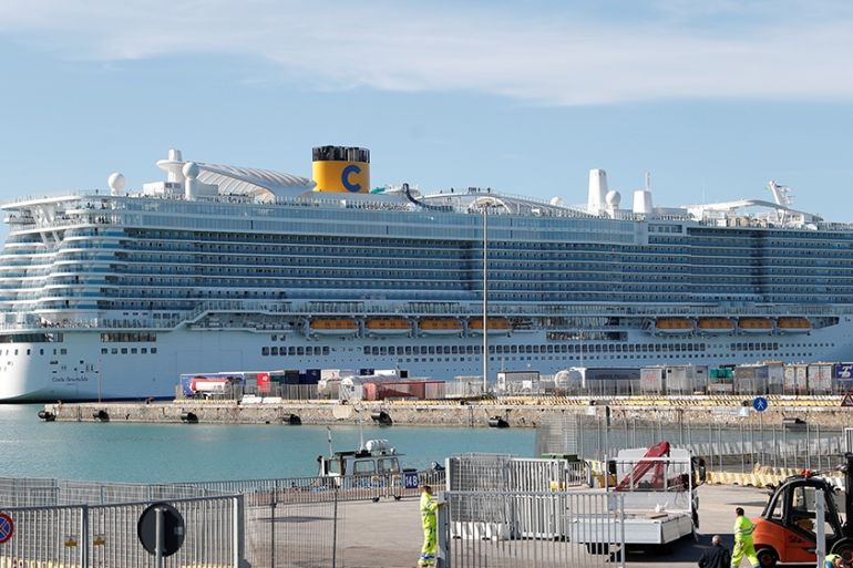 The Costa Smeralda cruise ship of Costa Crociere, carrying around 6,000 passengers, is docked at the Italian port of Civitavecchia after a health alert due to a Chinese couple and a possible link to c