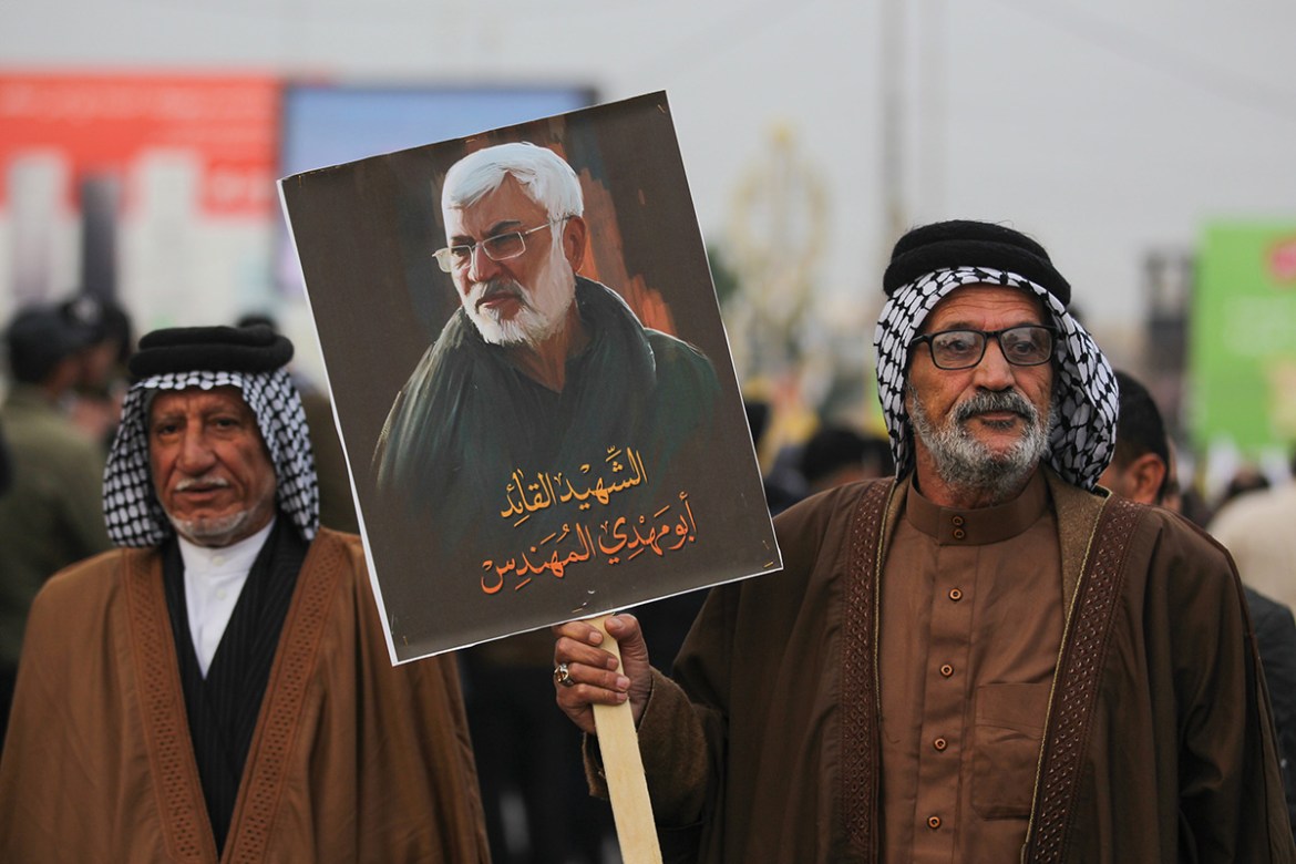 Supporters of the Hashed al-Shaabi paramilitary force and Iraq''s Hezbollah brigades attend the funeral of Iranian military commander Qasem Soleimani and Iraqi paramilitary chief Abu Mahdi al-Muhandis