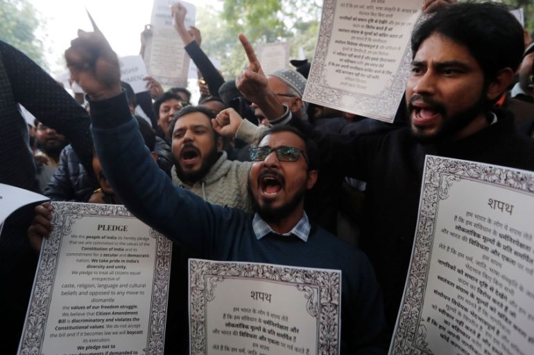 Demonstrators shout slogans during a protest against the Citizenship Amendment Bill, a bill that seeks to give citizenship to religious minorities persecuted in neighbouring Muslim countries,