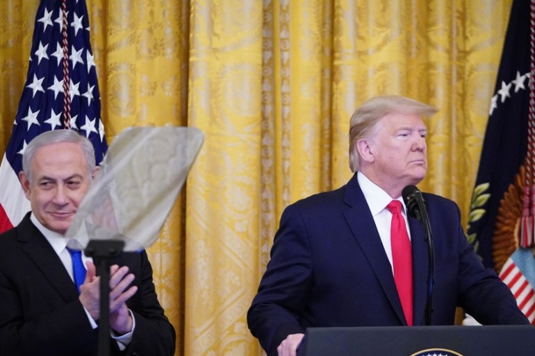 US President Donald Trump and Israel''s Prime Minister Benjamin Netanyahu take part in an announcement of Trump''s Middle East peace plan in the East Room of the White House in Washington, DC on January