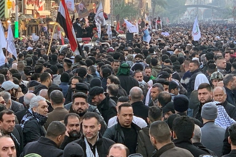 People gather at the funeral of the Iranian Major-General Qassem Soleimani, top commander of the elite Quds Force of the Revolutionary Guards, and the Iraqi militia commander Abu Mahdi al-Muhandis, wh