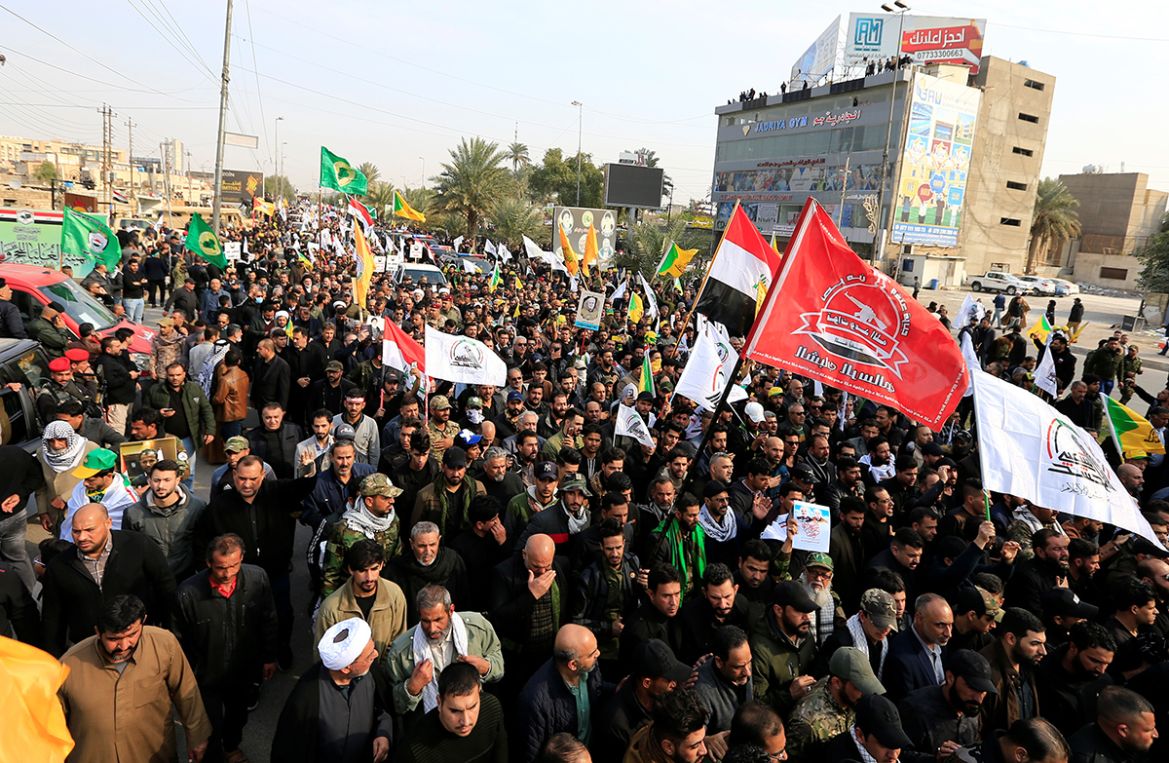 Mourners attend the funeral of the Iranian Major-General Qassem Soleimani, top commander of the elite Quds Force of the Revolutionary Guards, and the Iraqi militia commander Abu Mahdi al-Muhandis, who
