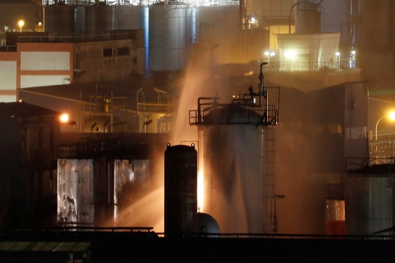 A fire is pictured at a chemical factory after an explosion at the factory in Tarragona, Spain, January 14, 2020. REUTERS/Nacho Doce