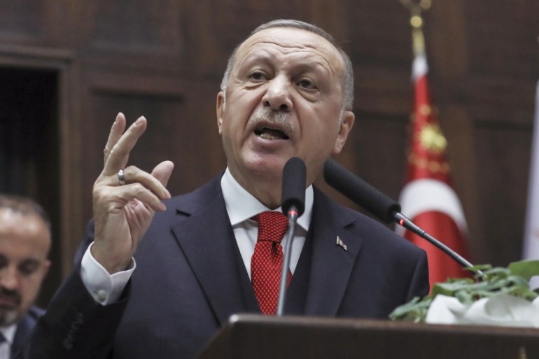 Turkey''s President Recep Tayyip Erdogan addresses his ruling party''s legislators, in Ankara, Turkey, Tuesday, Jan. 14, 2020. Erdogan said Turkey would closely follow moves by the two sides in Libya an
