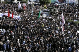 People attend a funeral procession for Iranian Major-General Qassem Soleimani, head of the elite Quds Force, and Iraqi militia commander Abu Mahdi al-Muhandis, who were killed in an air strike at Bagh
