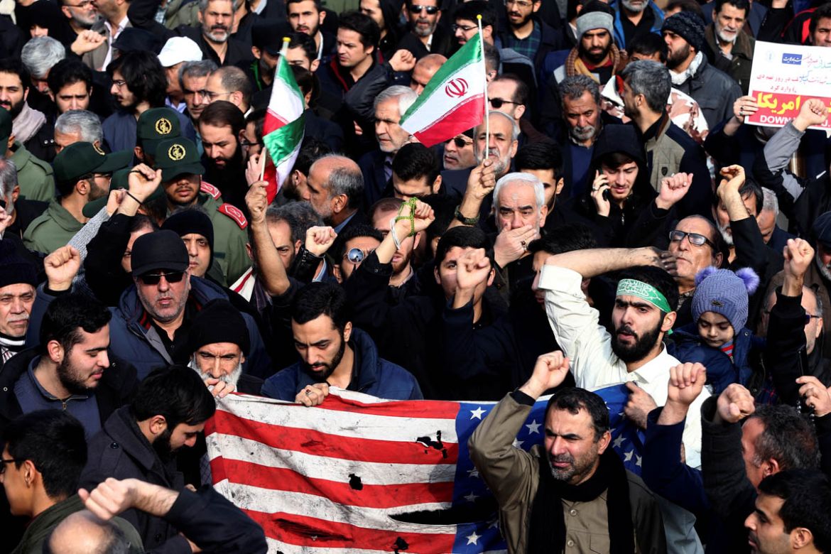 Demonstrators attend a protest against the assassination of the Iranian Major-General Qassem Soleimani, head of the elite Quds Force, and Iraqi militia commander Abu Mahdi al-Muhandis who were killed