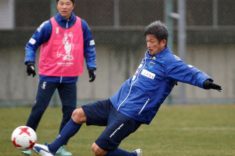 Yokohama FC''s Japanese striker Miura, oldest footballer to score competitive goal, takes part in a training session in Yokohama
