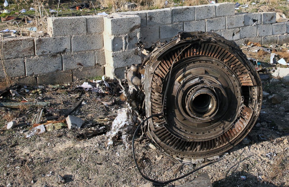 Graphic content / An engine lies on the ground after a Ukrainian plane carrying 176 passengers crashed near Imam Khomeini airport in the Iranian capital Tehran early in the morning on January 8, 2020,