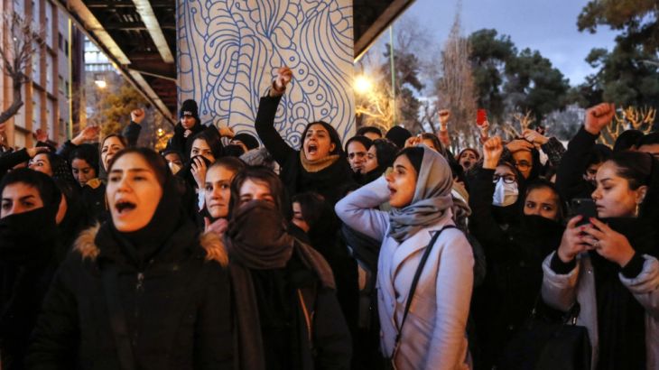 Iranians protest to show their sympathy to victims of Ukraine International Airlines Boeing 737-800 in front of the Amir Kabir University in Tehran, Iran, 11 January 2020. The Iranian military release