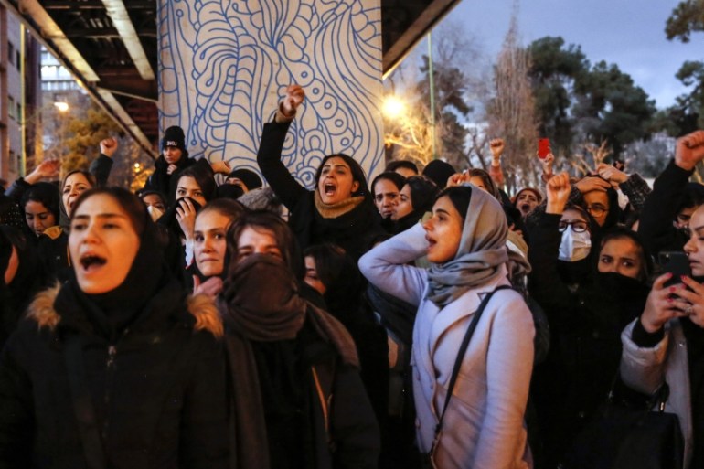Iranians protest to show their sympathy to victims of Ukraine International Airlines Boeing 737-800 in front of the Amir Kabir University in Tehran, Iran, 11 January 2020. The Iranian military release