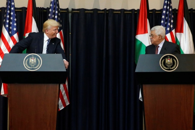Trump and Abbas deliver remarks after their meeting at the Presidential Palace in the West Bank city of Bethlehem