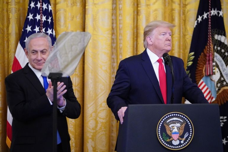 US President Donald Trump and Israel''s Prime Minister Benjamin Netanyahu take part in an announcement of Trump''s Middle East peace plan in the East Room of the White House in Washington, DC on January