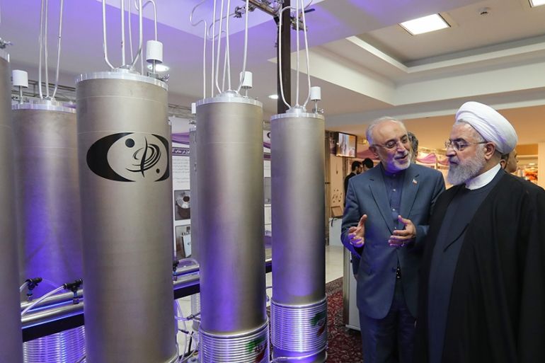 A handout photo made available by the presidential office shows Iranian President Hassan Rouhani (R) and the head of Iran nuclear technology organization Ali Akbar Salehi inspecting nuclear technology