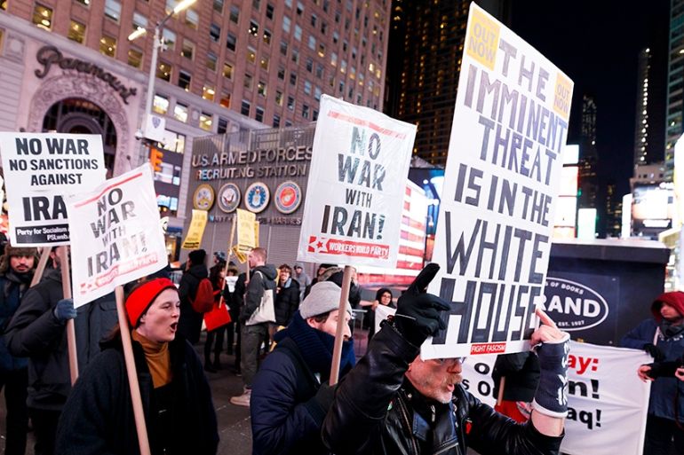 People gather for a protest against the Trump administration''s escalation of military tensions with Iran in Times Square in New York, New York, USA, 08 January 2020. US President Trump made a stateme