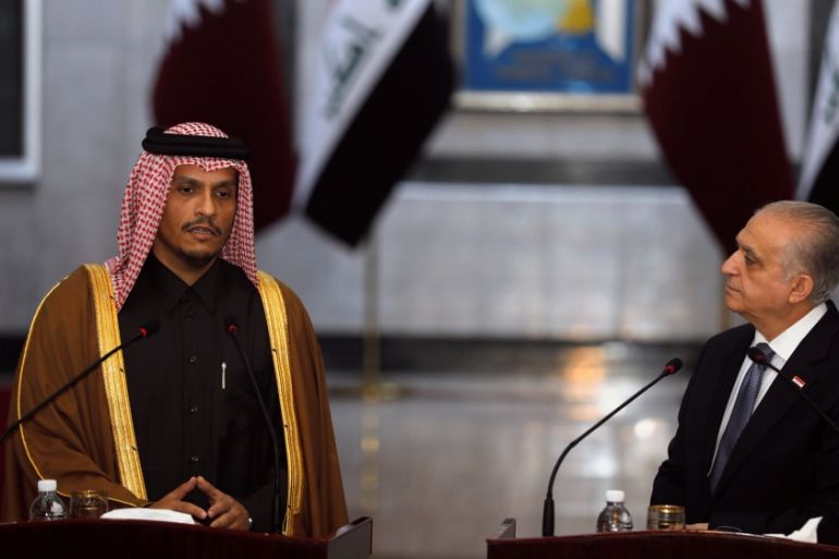 Qatari Foreign Minister Sheikh Mohammed bin Abdulrahman Al Thani speaks during a news conference with Iraqi Foreign Affairs Minister Mohamed Ali Alhakim, in Baghdad