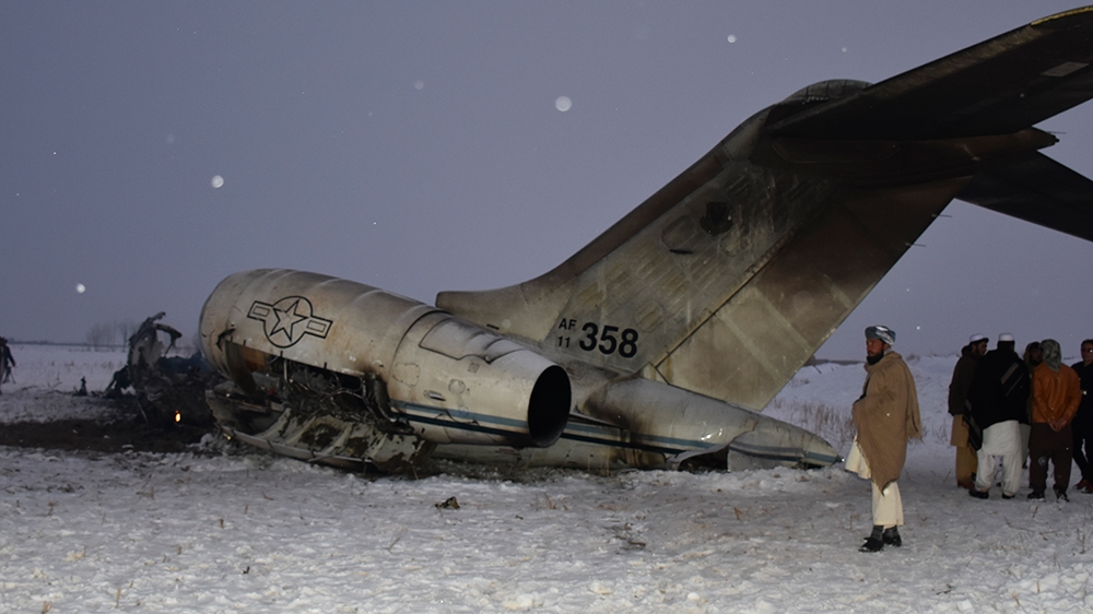 A wreckage of a U.S. military aircraft that crashed in Ghazni province, Afghanistan, is seen Monday, Jan. 27, 2020. The aircraft crashed in Ghazni province on Monday, A U.S. military aircraft crashed 
