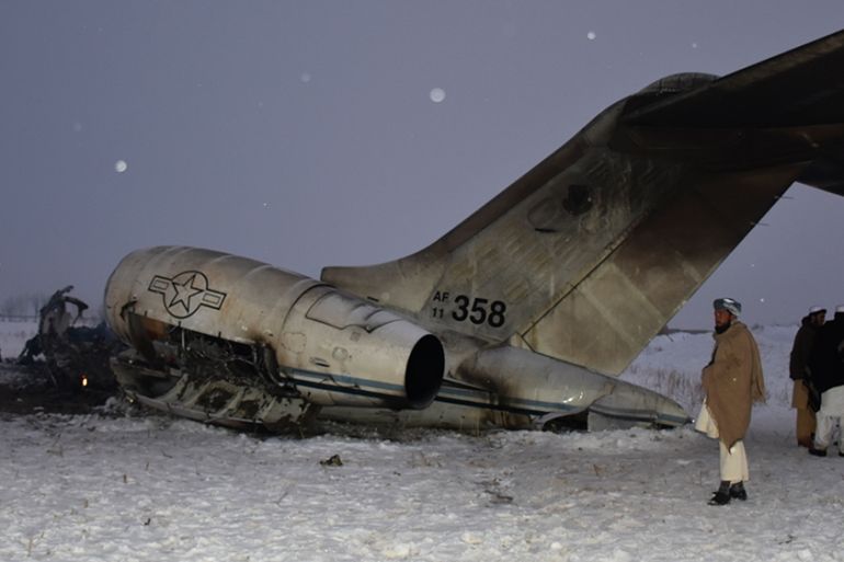 A wreckage of a U.S. military aircraft that crashed in Ghazni province, Afghanistan, is seen Monday, Jan. 27, 2020. The aircraft crashed in Ghazni province on Monday, A U.S. military aircraft crashed