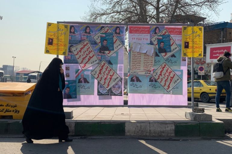 Photos of campaign posters in Tajrish Square in Iran’s capital city, Tehran, Iran ahead of the election [Arwa Ibrahim]