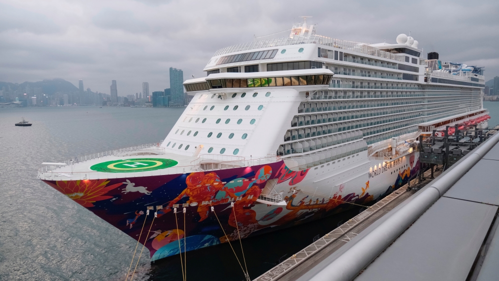 The World Dream cruise which had been denied entry in Taiwan amid concerns of coronavirus infection on board, is seen docked at the Kai Tak Cruise Terminal in Hong Kon