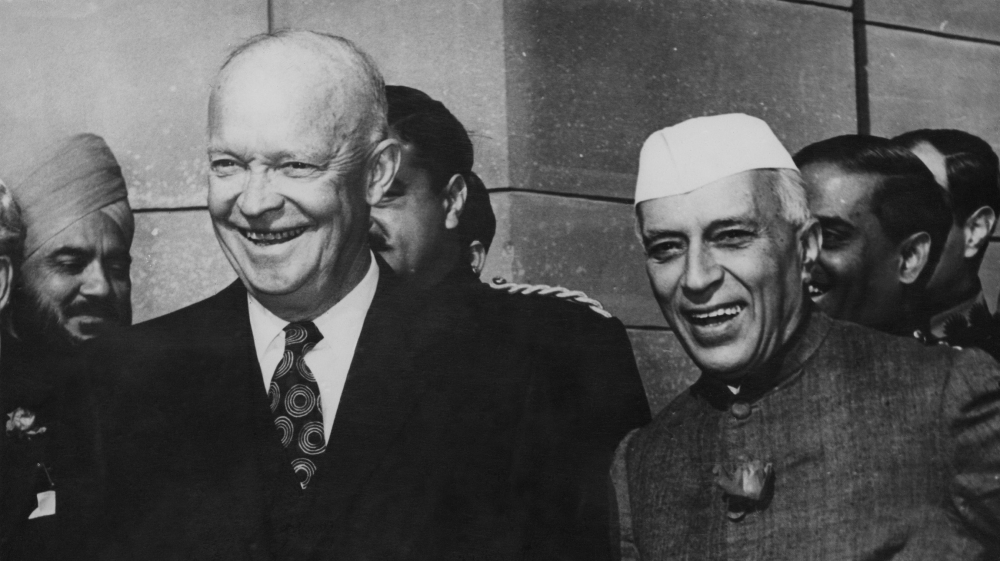 US President Dwight D. Eisenhower (1890 - 1969, left) with Indian Prime Minister Jawaharlal Nehru (1889 - 1964) at the Rashtrapati Bhavan in New Delhi, during Eisenhower's Goodwill Tour, 14th December