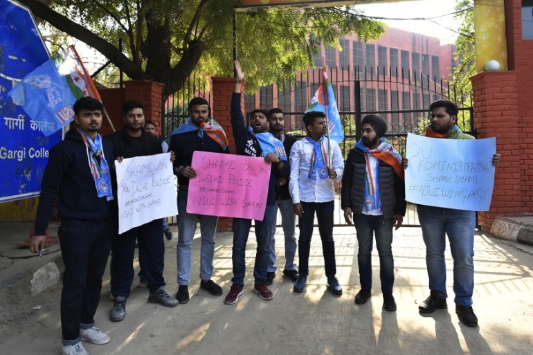 National Students'' Union of India (NSUI) members protest against mass molestation that took place during their annual fest in Delhi Universitys Gargi College, on February 10, 2020 in New Delhi, India.