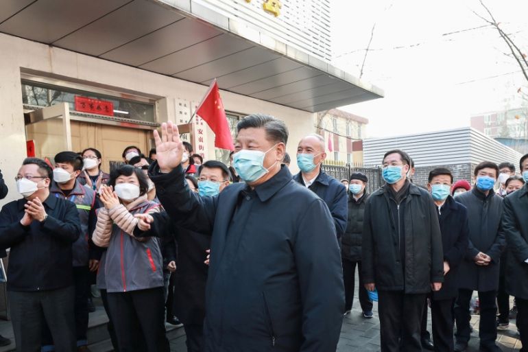 Chinese President Xi Jinping inspects the novel coronavirus prevention and control work at Anhuali Community in Beijing, China, February 10, 2020. Xinhua via REUTERS