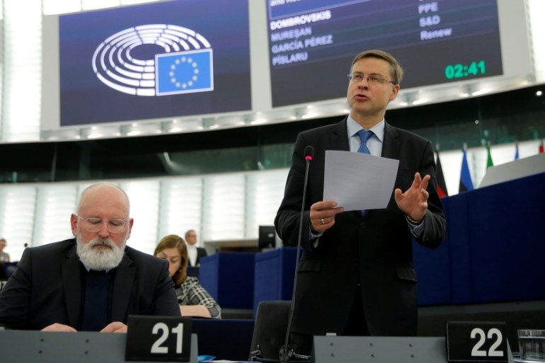 European Commission Vice-President Valdis Dombrovskis presents the EU''s Sustainable Investment Plan before the European Parliament in Strasbourg