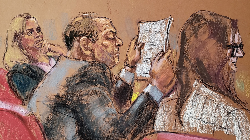 Harvey Weinstein sits at the defense table reading papers during jury deliberations in his sexual assault trial in the Manhattan borough of New York City, New York, U.S., February 24, 2020 in this cou