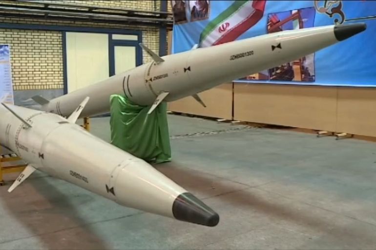 An image grab from footage obtained from the state-run Iran Press news agency on February 9, 2020 shows the unveiling Raad-500 missile, a short-range ballistic missile by Iran''s Islamic Revolutionary