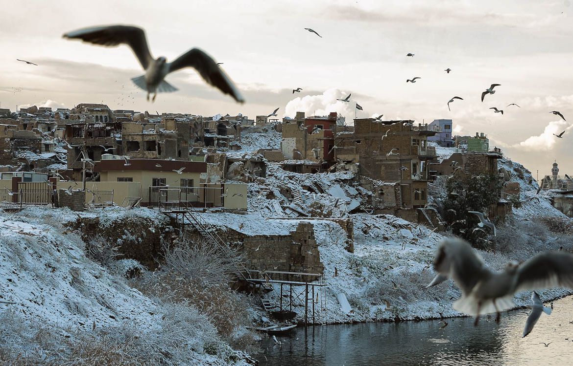 Seagulls fly over the Tigris river as its banks are covered with snow after a blizzard in the old town of Iraq''s northern city of Mosul on February 10, 2020. (Photo by Zaid AL-OBEIDI / AFP)