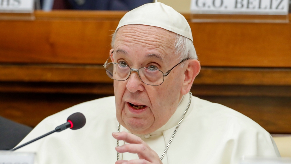 Pope Francis speaks at a conference hosted by the Vatican on economic solidarity, at the Vatican