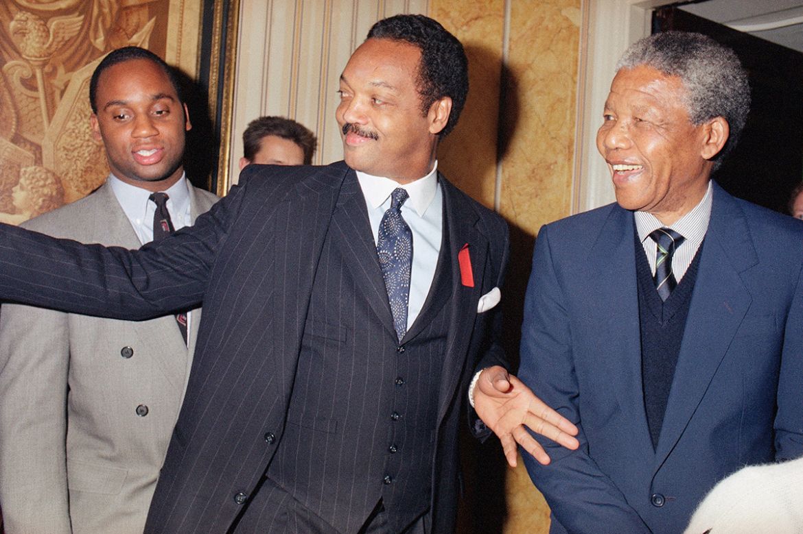 Deputy President of the African National Congress Nelson Mandela, right, meets with the Rev. Jesse Jackson when the two met during a reception for Mandela on Sunday, April 15, 1990 in a London hotel.