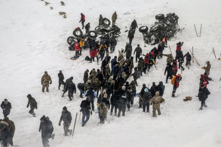 Search and rescue works continue at site after a second avalanche buries search team during search and rescue efforts in Bahcesaray district of Turkey''s eastern Van province on February 05, 2020. At l