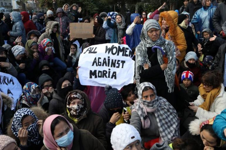 women in Moria protest - reuters