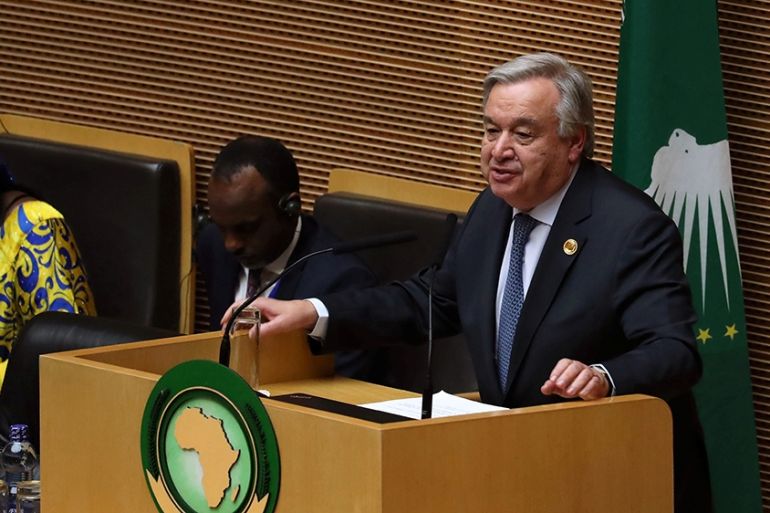 Antonio Guterres, United Nations (UN) Secretary General, addresses the opening of the 32nd Ordinary Session of the Assembly of the Heads of State and the Government of the African Union (AU) in Addis