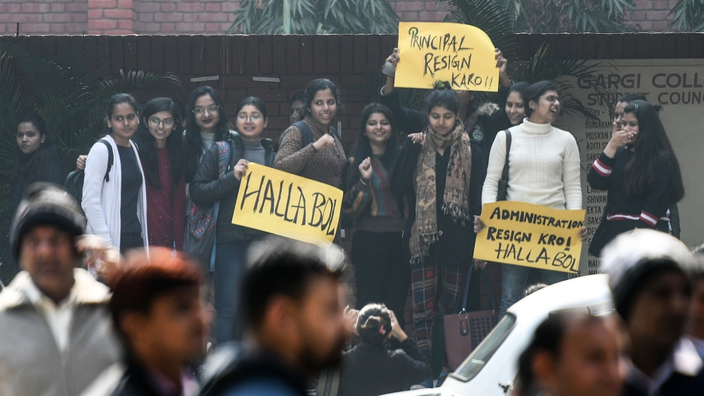 Studesnts of Delhi Universitys Gargi College protest against mass molestation that took place during their annual fest, on February 10, 2020 in New Delhi, India. (Photo by Biplov Bhuyan/ Hindustan Tim