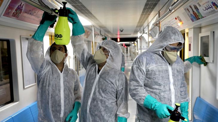 Workers disinfect subway trains against coronavirus in Tehran, Iran, in the early morning of Wednesday, Feb. 26, 2020. Iran''s government said Tuesday that more than a dozen people had died nationwide