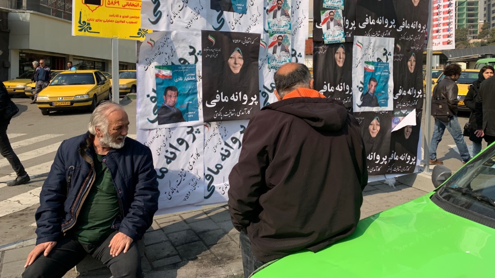 Photos of campaign posters in Tajrish Square in Iran’s capital city, Tehran, Iran  ahead of the election [Arwa Ibrahim]