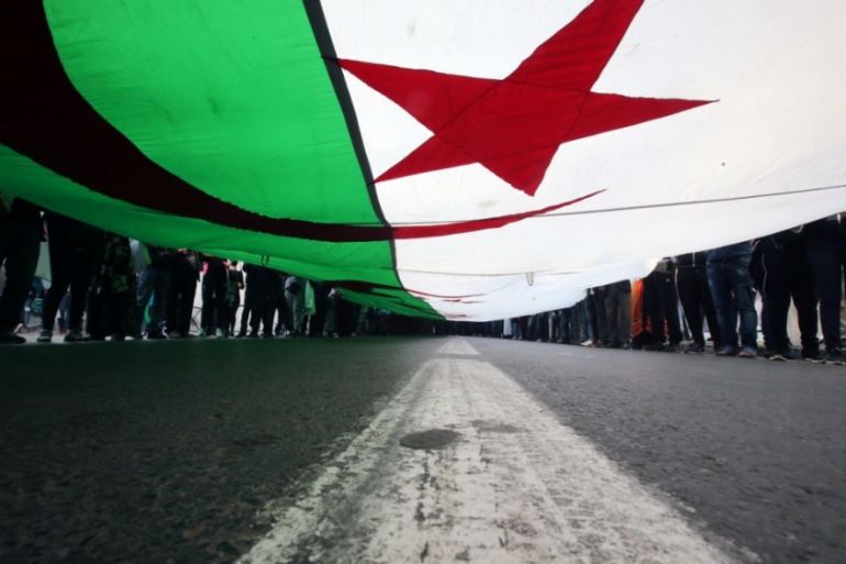 Demonstrators carry a national flag as they march in Algiers