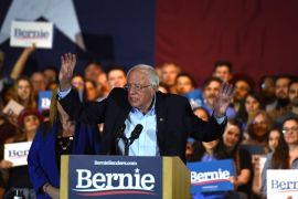 U.S. Democratic presidential candidate Senator Bernie Sanders celebrates after being declared the winner of the Nevada Caucus as he holds a campaign rally in San Antonio