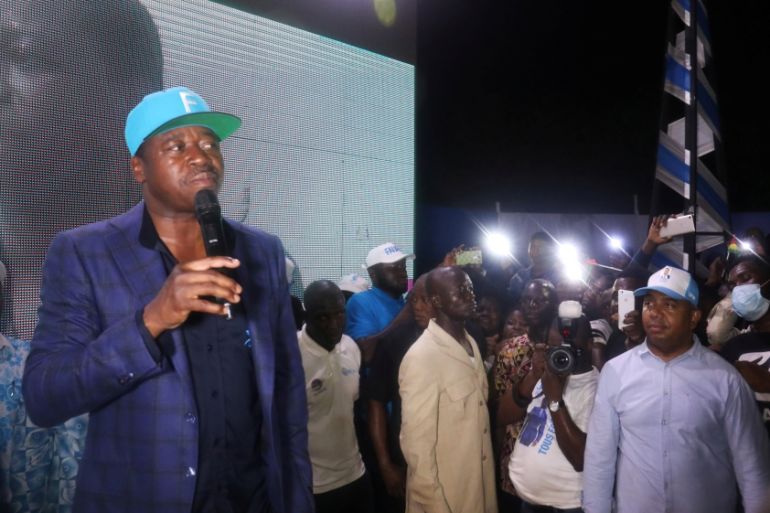 President Faure Gnassingbe and presidential candidate of UNIR (Union for the Republic), winner of the presidential election, speaks in front of his supporters at his headquarters in Lome