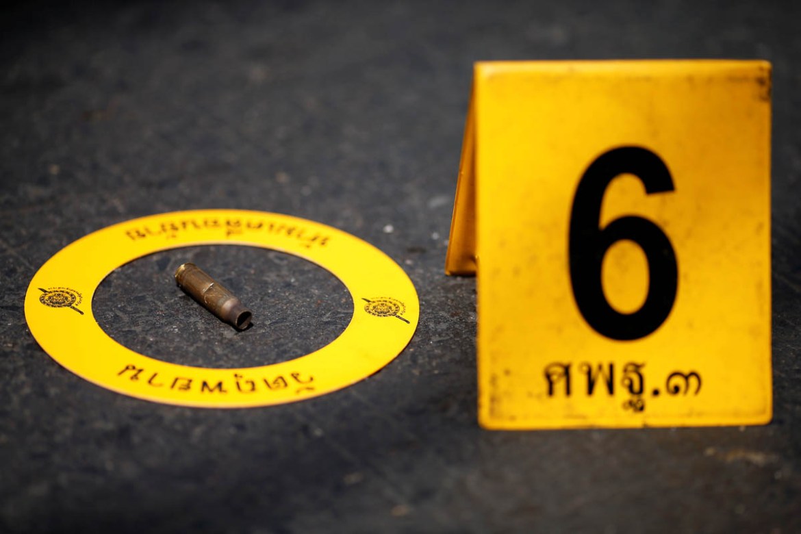 A bullet shell is seen in front of the Terminal 21 shopping mall following a gun battle involving a Thai soldier on a shooting rampage, in Nakhon Ratchasima, Thailand February 9, 2020. REUTERS/Soe Zey
