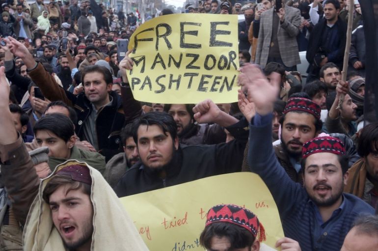 Supporters of Pashtun Tahafuz Movement protest over the arrest of their leader Manzoor Pashteen, in Quetta,
